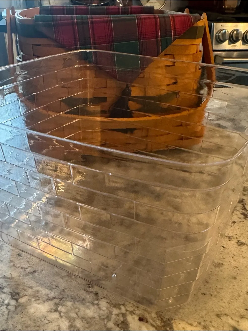 Longaberger Natural Brown Basket with Green Accent and Plaid Liner